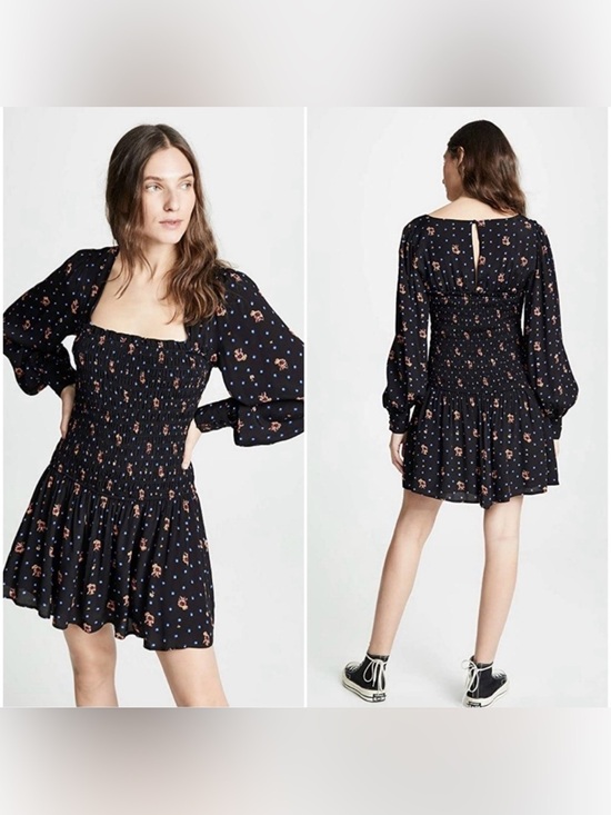 Free People Dresses & Skirts - Free People Two Faces Smocked Mini Dress Black Floral Long Sleeve Large